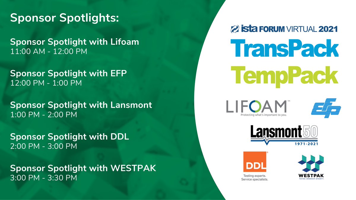 ISTAconnect's tweet photo. Our sponsors are offering special #ISTATransPack and #ISTATempPack webinars today only, starting at 11 a.m. EST! Join Lifoam Industries, @EFPlife, Lansmont, @DDLIncorporated and Westpak for tips, case studies and industry insights at https://t.co/m4pZdpoKlr. #ISTAForum https://t.co/rlbVVCWWjA
