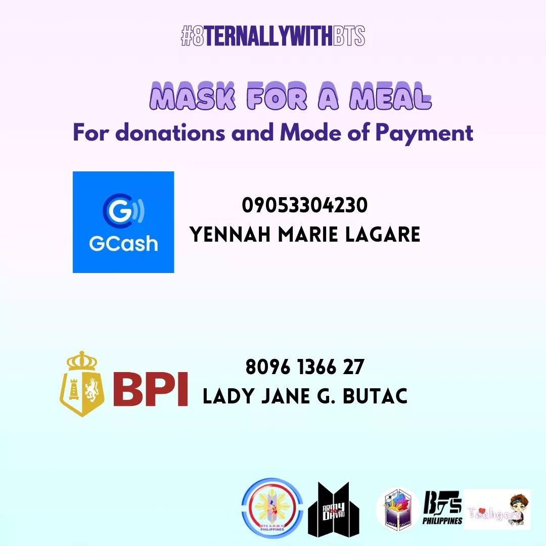 btsaph130613's tweet photo. You can still avail or donate for our #8ternallyWithBTS "Mask For A Meal"
this project is in appreciation of our modern heroes --- The Frontliners.
For our transparency report kindly fill out this form:
Order & Donation Form
https://t.co/eWMWoOslfq
#MaskForAMeal
@BTS_twt https://t.co/WgByDDiyTM