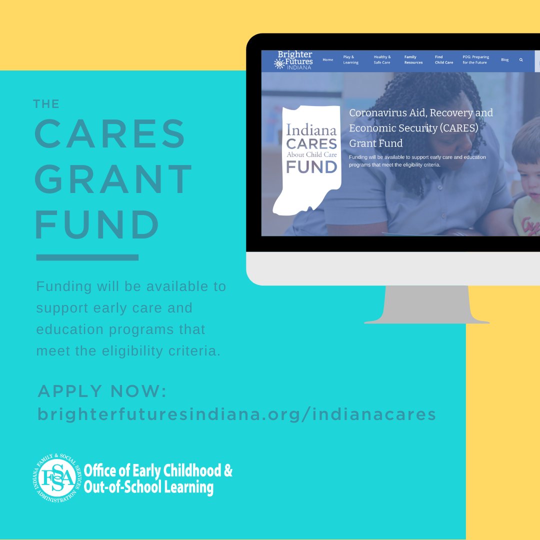 Indiana CARES About Child Care is a new grant fund for Indiana child care providers to help with their COVID-19 safety expenses. Learn more and apply at brighterfuturesindiana.org/indianacares/.