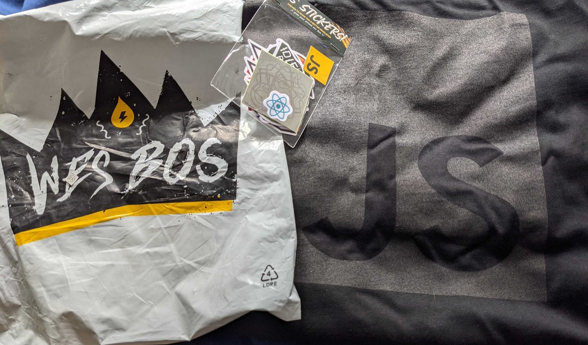 DIHayes's tweet photo. @wesbos Tshirt and stickers arrived in the UK, thanks! https://t.co/1VFu808hRT