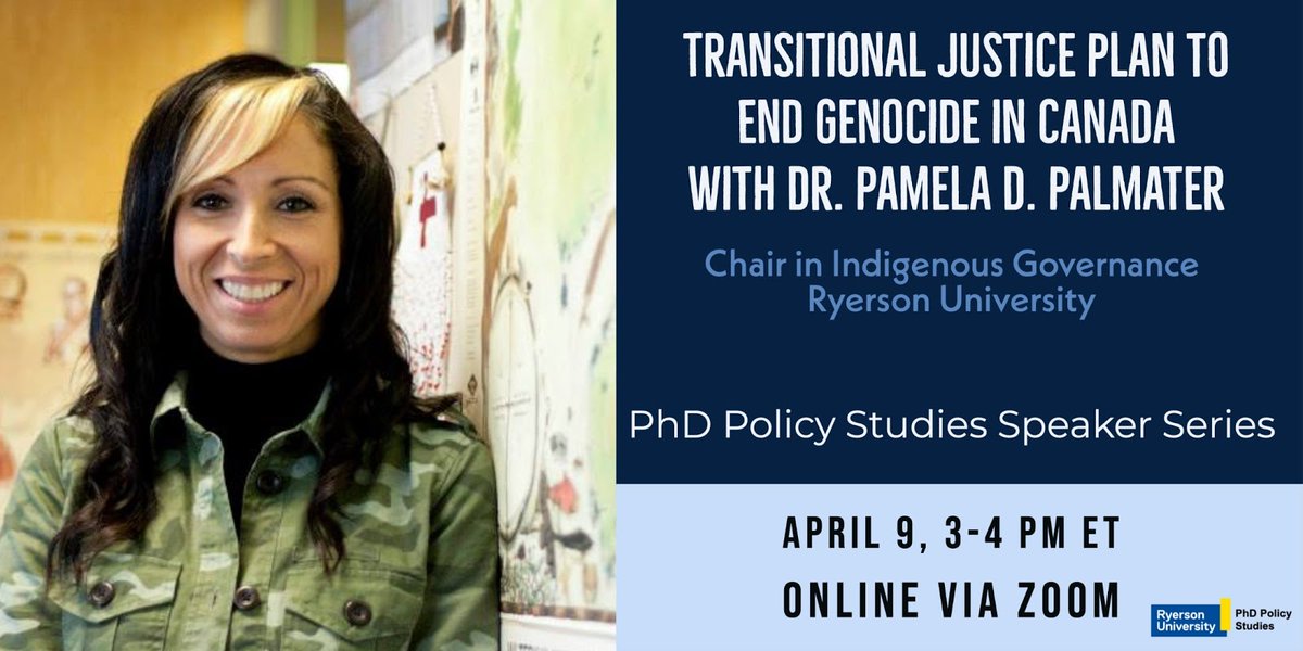 Faculty of Arts, Toronto Metropolitan University (@arts_tmu) on Twitter photo Join the <a href="/PhdPolicy/">PhD Policy Studies Ryerson University</a> Speaker Series on 'Transitional Justice Plan to End Genocide in Canada with Dr. <a href="/Pam_Palmater/">Pam Palmater</a>, Chair in Indigenous Governance at Ryerson University. The event is on April 9th from 3 to 4 PM (EST).
Register: ow.ly/F3e150EdGYs Join the <a href="/PhdPolicy/">PhD Policy Studies Ryerson University</a> Speaker Series on 'Transitional Justice Plan to End Genocide in Canada with Dr. <a href="/Pam_Palmater/">Pam Palmater</a>, Chair in Indigenous Governance at Ryerson University. The event is on April 9th from 3 to 4 PM (EST).
Register: ow.ly/F3e150EdGYs