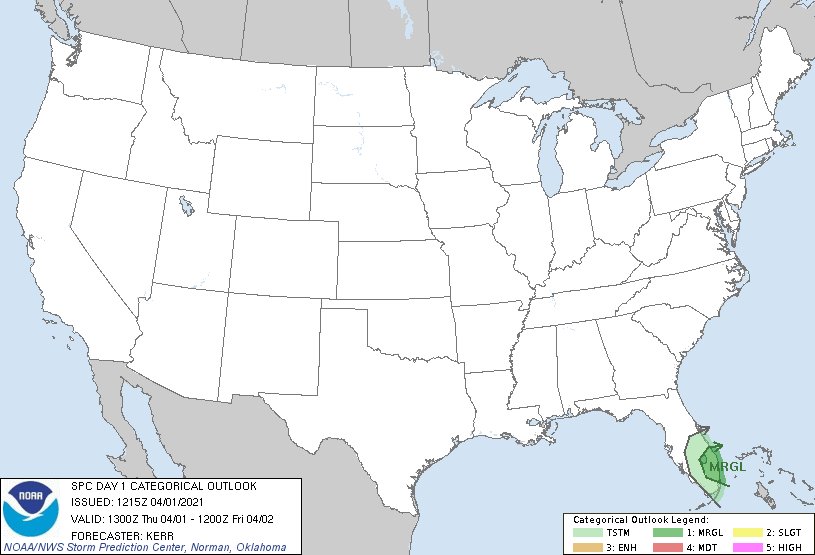 Rodbod52's tweet photo. Today's Forecast and Thunderstorm Outlook April 1 2021
   Less than 2  % Tornado Risk  
5 % Hail Risk Fort Lauderdale, FL...Coral Springs, FL...Port St. Lucie, FL...West Palm Beach, FL...Sunrise, FL
 #Tornado #KansasCity #Missouri #Kansas #wxmo #wxks https://t.co/IGmvRhPsZs