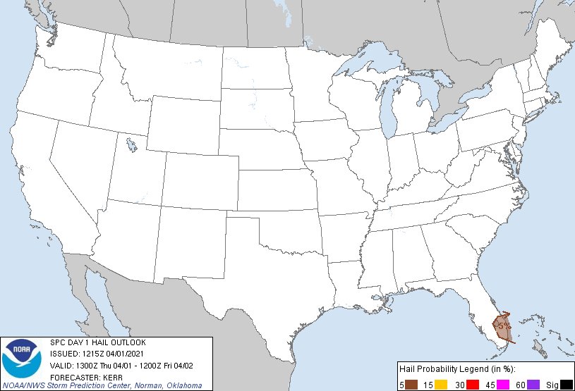 Rodbod52's tweet photo. Today's Forecast and Thunderstorm Outlook April 1 2021
   Less than 2  % Tornado Risk  
5 % Hail Risk Fort Lauderdale, FL...Coral Springs, FL...Port St. Lucie, FL...West Palm Beach, FL...Sunrise, FL
 #Tornado #KansasCity #Missouri #Kansas #wxmo #wxks https://t.co/IGmvRhPsZs