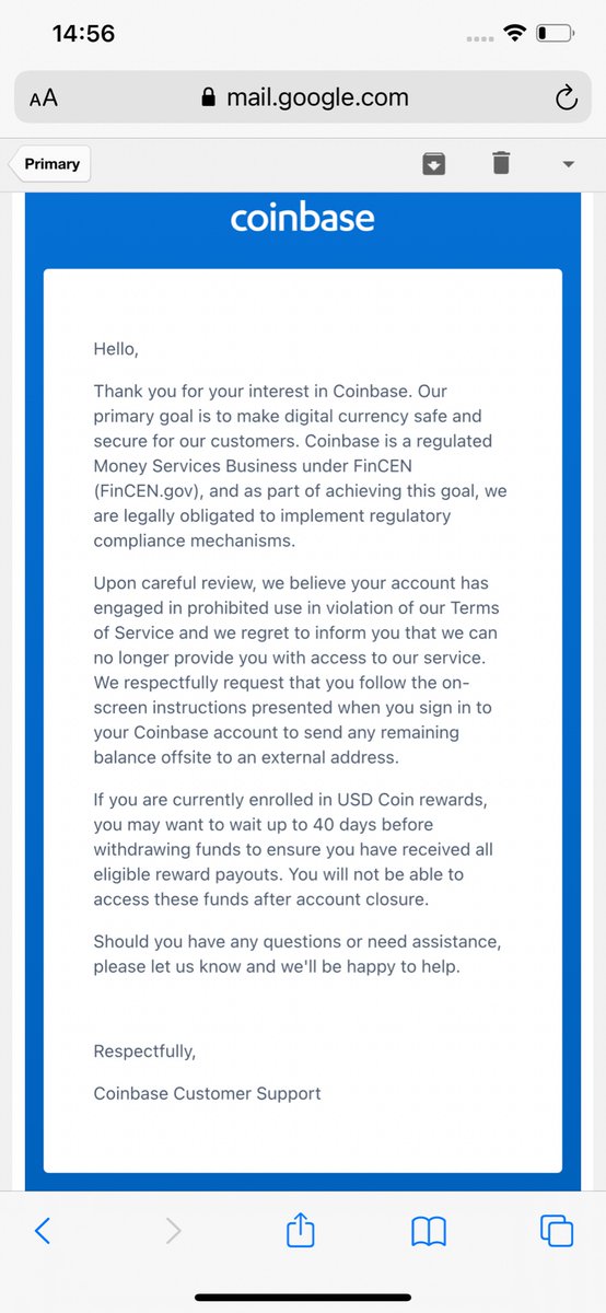Helpme65296558's tweet photo. The email I received this morning 
When I try and send my coins out after being instructed to do so I get the message “You are currently unable to send bitcoin” I need assistance @coinbase @CoinbaseAPI @CoinbaseSupport @brian_armstrong @KSI @ISOFinance https://t.co/L96Kn6gHhw