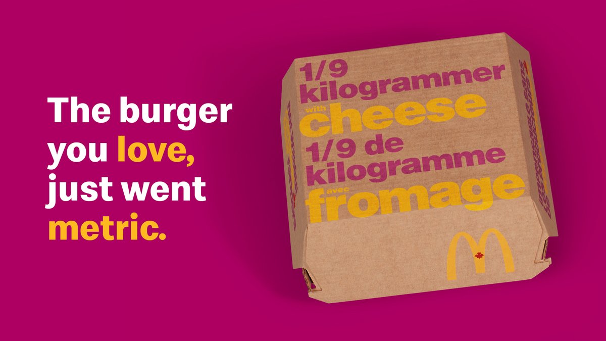 McDonaldsCanada's tweet photo. Quarter Pounder who? We’re on the 🇨🇦 metric system now: presenting the 1/9th Kilogrammer. https://t.co/9xYxEY43RN