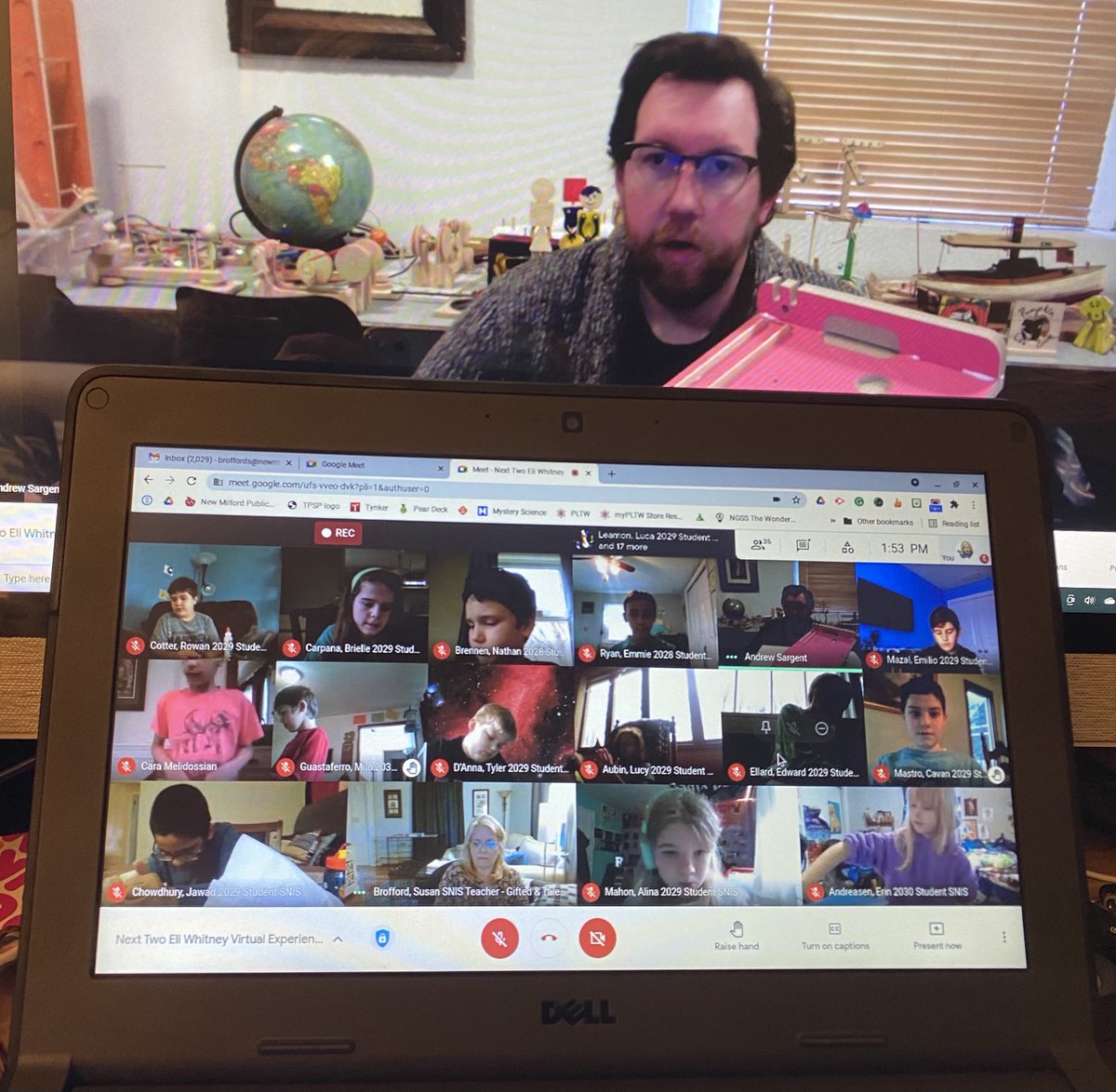 Awesome virtual workshop with Andrew from Eli Whitney! #whitneyworkshop We created our own Pinball Machines! ⁦<a href="/SNIS_CT/">Sarah Noble School</a>⁩
