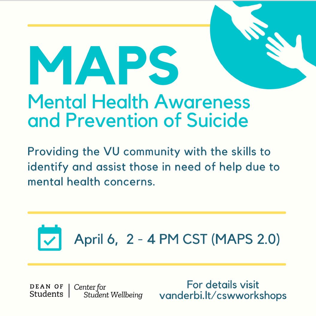 vandywellbeing's tweet photo. MAPS: 4/6. The goal of MAPS is to work toward suicide prevention &amp; mental health awareness through education &amp; outreach. We will work with campus partners to provide skills to identify &amp; assist those in need of help due to mental health concerns. https://t.co/DpCeUZc4jW. https://t.co/G9N4v4XlrX