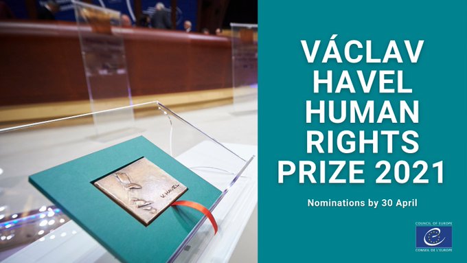 Do you know anyone who has shown outstanding courage in upholding human rights? This is the moment to honour them... 
#TheirCourageOurRights

The nominations for the 2021 Václav Havel Human Rights Prize are open until 30 April.

pace.coe.int/en/news/8154/v…

#HavelPrize #HumanRights