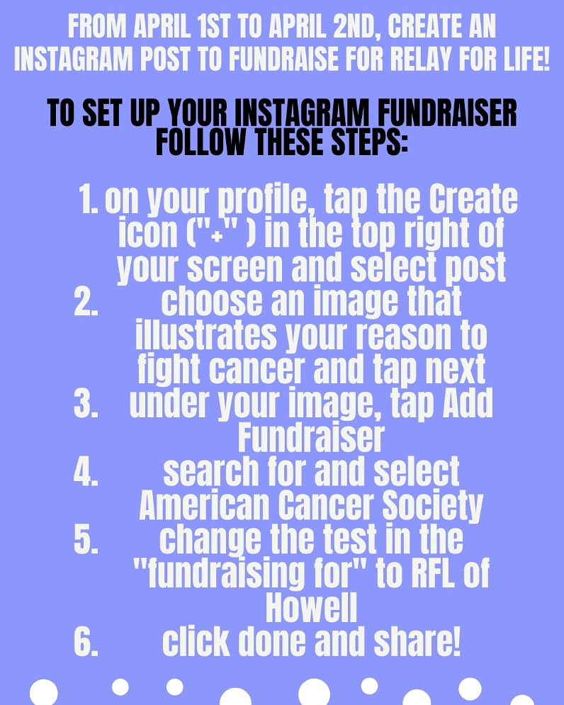 Howell_RFL's tweet photo. Good Morning Howell Relay for Life!! Help us reach our spring break goal of $30,000!! A great new way to fundraise is through Instagram!! From April 1st-2nd, create an Instagram fundraiser for Relay and tag our account in your posts!! We got this Howell!!💜 https://t.co/rughlITnHH