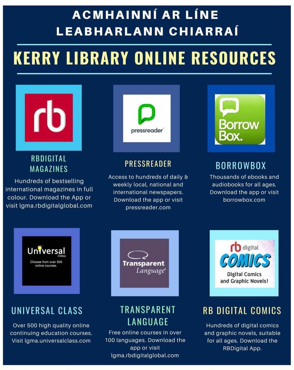 KerryLibrary's tweet photo. While our libraries are closed, you can access a range of online resources with your library card.

Ebooks &amp; Audiobooks with #Borrowbox
Newspapers &amp; Magazines with #Pressreader and #RBDigital
Online learning with #UniversalClass and #TransparentLanguages

#KeepWellKerry https://t.co/O8HxlbMTeS
