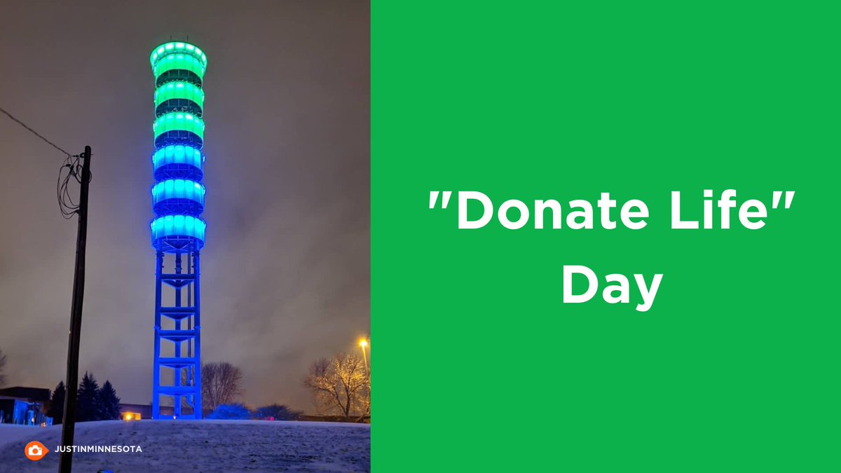 Eagan's #SperryTower is showing its 'Donate Life' colors to support organ, eye, and tissue donation. #blueandgreenday #donatelife