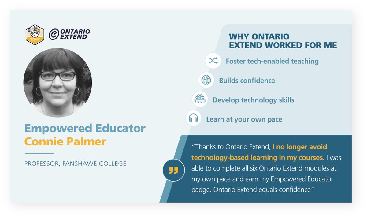 EmpoweredEd_'s tweet photo. Ontario Extend is proud to recognize @conniepalmer06 as a 2020 Empowered Educator. Connie no longer avoids tech-based learning in her courses #virtuallearning #PSE https://t.co/NOtc7eP7Ur