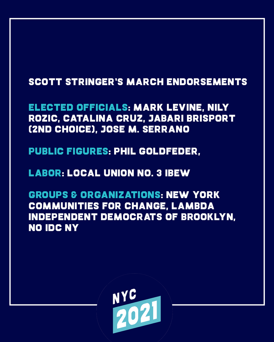 March update on endorsements, starting with @scottmstringer:

@MarkLevineNYC - NYCC D7 who has done remarkable work with vax info
@JabariBrisport - NYSS D25, a progressive leader (ranked-choice endorsement)
and many others including  - @nily, @CatalinaCruzN, @SenatorSerrano: