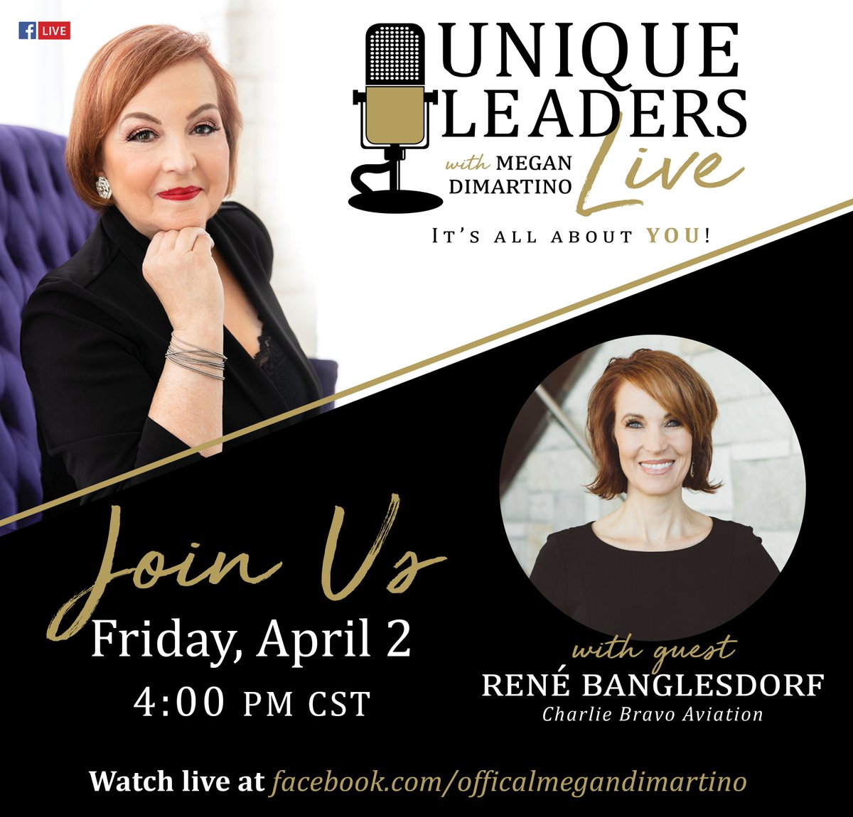 René Banglesdorf will be a guest on Unique Leaders Live with Megan DiMartino tomorrow at 4pm CST. You can watch live at facebook.com/officialmegand…. You can also  subscribe to the Official Megan DiMartino YouTube Channel at youtube.com/channel/UCw48W…