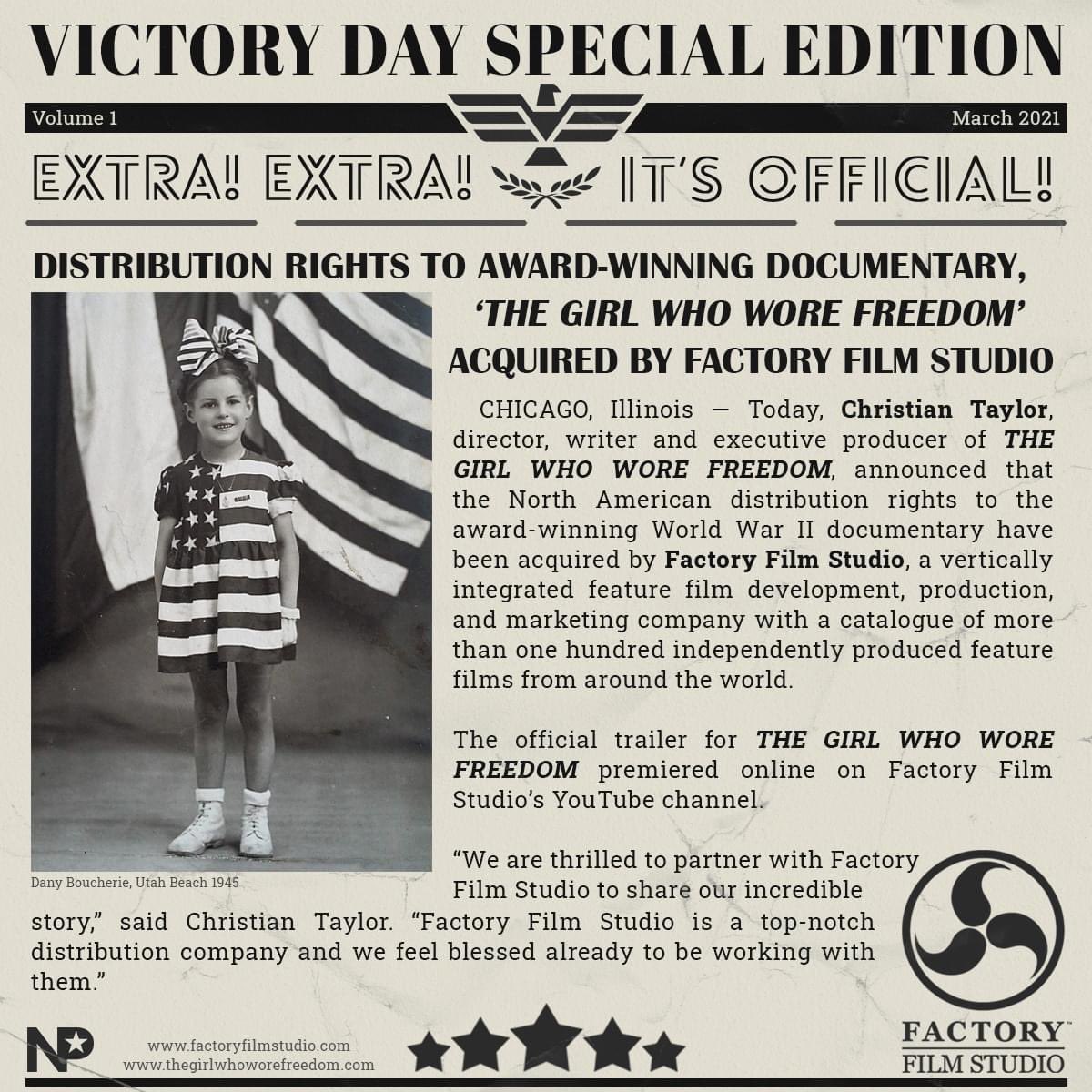 Doc_First's tweet photo. EXTRA! EXTRA! Read all about the BIG news...
We are proud to announce the award-winning documentary film "The Girl Who Wore Freedom" officially signs North American distribution rights with Factory Film Studio!
#factoryfilmstudio #distribution #rights #film #documentary #WWII https://t.co/jh030qsHoH
