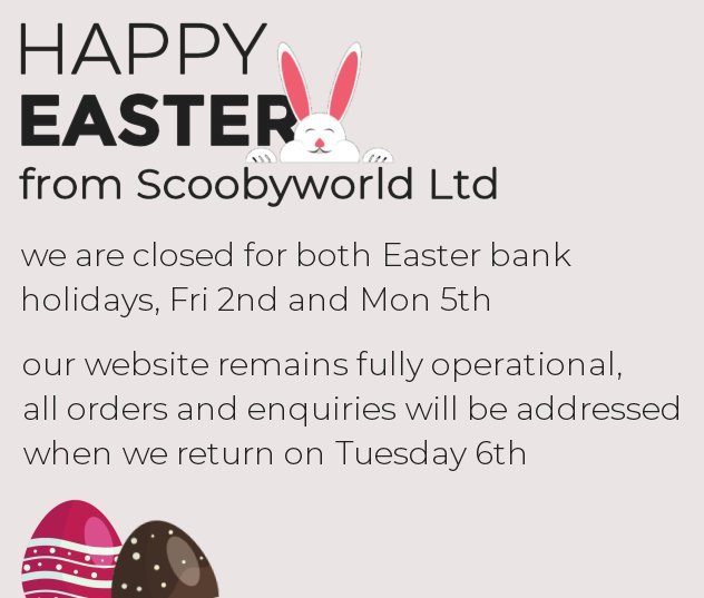 Scoobyworld_UK's tweet photo. Happy Easter, please note we are now closed until Tuesday 6th.
We will be processing orders and queries upon our return.
All the best from the Scoobyworld team!
https://t.co/Qi0R4tTvxB
#WRX #Scoobyworld #Scooby #Easter https://t.co/AXEQu4NNo8