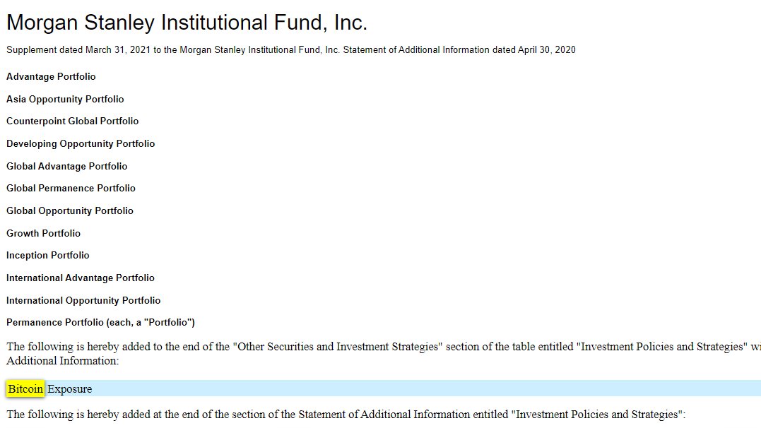 DocumentingBTC's tweet photo. Morgan Stanley filed for #Bitcoin exposure in several of their institutionally focused funds. It's happening. https://t.co/O8JCq5DOY8