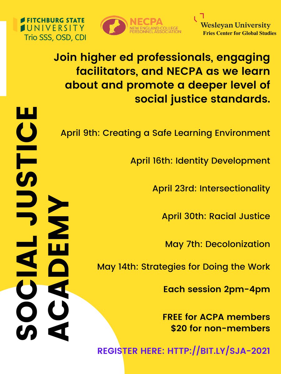 Consider attending the 2021 Social Justice Academy to learn more about concepts central to working with students and improving your campus communities. Register by visiting: bit.ly/SJA-2021