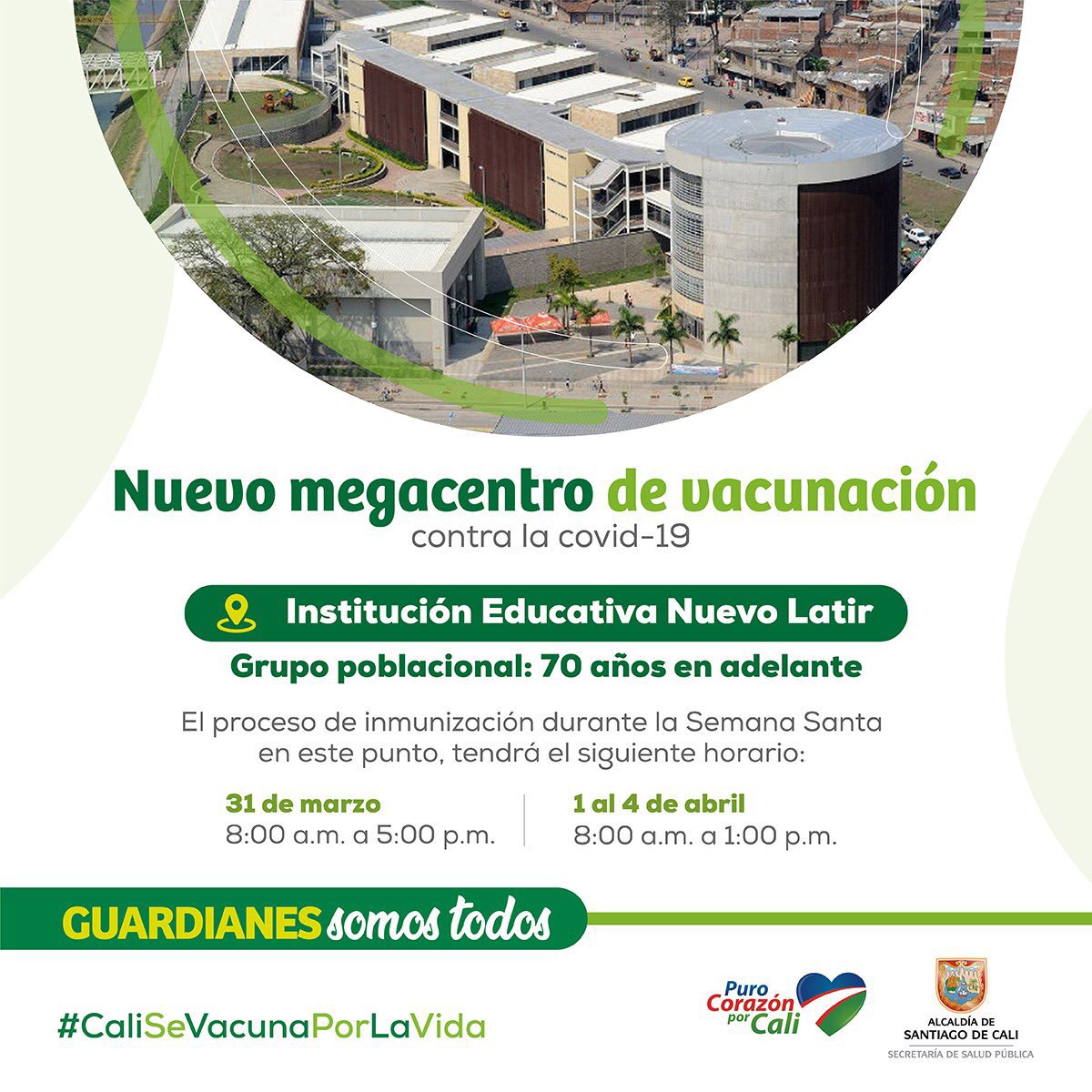 AlcaldiaDeCali's tweet photo. 🗣”De 8:00 a.m. a 1:00 p.m. prestaremos el servicio a los adultos mayores de 70 años para que asista a cualquiera de los 5️⃣ Megacentros y se vacune durante esta Semana Mayor. La vacunación debe ser el objetivo supremo de la caleñidad” @JorgeIvanOspina 

#CaliSeVacunaPorLaVida https://t.co/cVEQ8xrXjF