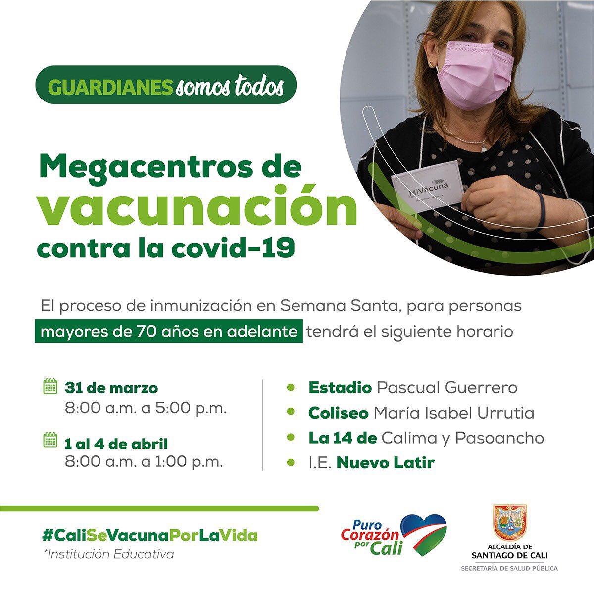 AlcaldiaDeCali's tweet photo. 🗣”De 8:00 a.m. a 1:00 p.m. prestaremos el servicio a los adultos mayores de 70 años para que asista a cualquiera de los 5️⃣ Megacentros y se vacune durante esta Semana Mayor. La vacunación debe ser el objetivo supremo de la caleñidad” @JorgeIvanOspina 

#CaliSeVacunaPorLaVida https://t.co/cVEQ8xrXjF