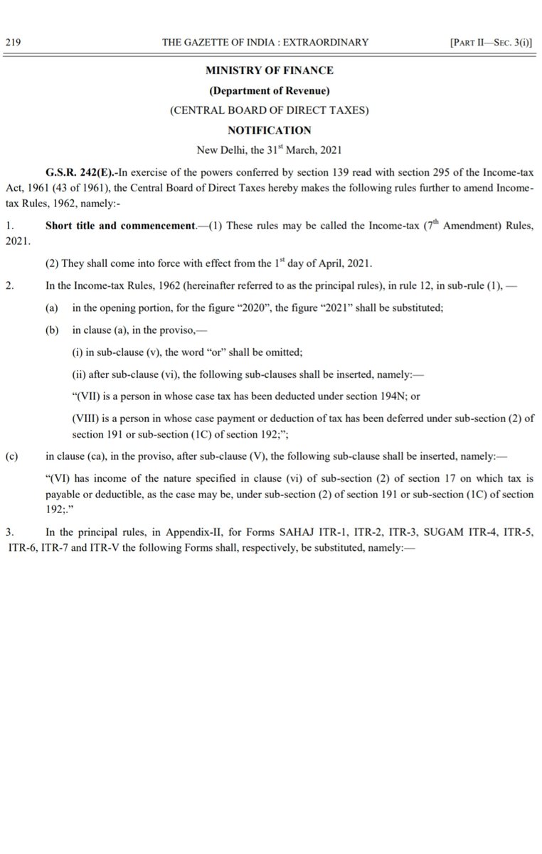 IncomeTaxIndia's tweet photo. CBDT notifies all ITR Forms 1 to 7 for AY 2021-22 vide Notification no. 21/2021 in G.S.R 242(E) dated 31/03/2021. To facilitate taxpayers &amp; to minimize the compliance burden, no significant changes have been made in the ITR Forms this year as compared to last year’s Forms.(1/2) https://t.co/HyglAD7Kxc