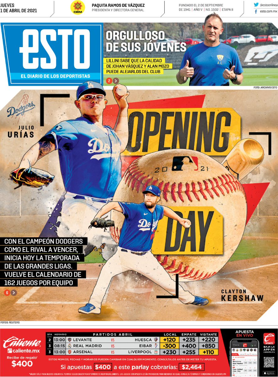 estoenlinea's tweet photo. ¡Buenos días! ☀️ HOY en tu #ESTOAzul 🗞️

¡Play Ball! ⚾️ ¡Hoy inicia la temporada 2021 de las Grandes Ligas! 🙌🏻

¡Búscalo en tu puesto de periódicos o visita https://t.co/SajqDBqpih! 📲 https://t.co/UqmL8MpkD7
