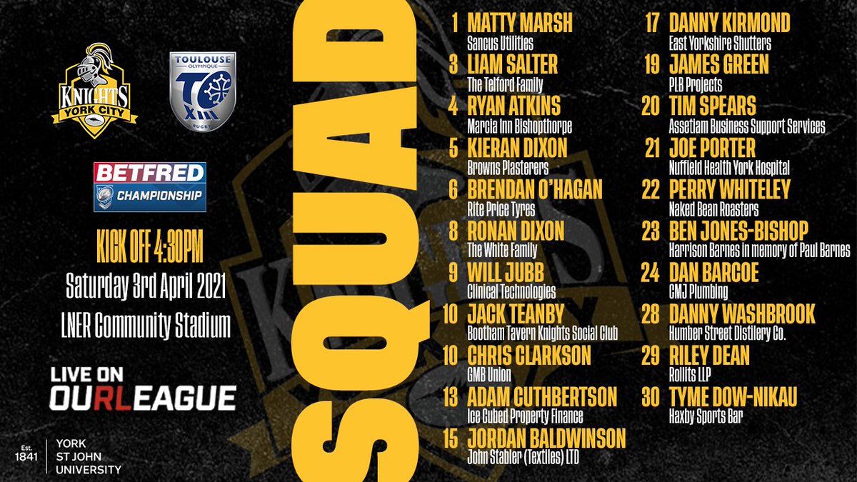York RLFC Knights (@yorkrlfc) on Twitter photo James Ford has named this 2️⃣1️⃣ Man Squad for Saturday's <a href="/Betfred/">Betfred</a> Championship opener against <a href="/TOXIII/">Toulouse Olympique XIII</a> - LIVE on Our League!
🌐 yorkcityknights.com/club/21-man-sq…
📺 rugby-league.com/livestream
🤝 Official Digital Match Partner: <a href="/york_college/">York College & University Centre</a>
#WeAreYork⚔️ James Ford has named this 2️⃣1️⃣ Man Squad for Saturday's <a href="/Betfred/">Betfred</a> Championship opener against <a href="/TOXIII/">Toulouse Olympique XIII</a> - LIVE on Our League!
🌐 yorkcityknights.com/club/21-man-sq…
📺 rugby-league.com/livestream
🤝 Official Digital Match Partner: <a href="/york_college/">York College & University Centre</a>
#WeAreYork⚔️