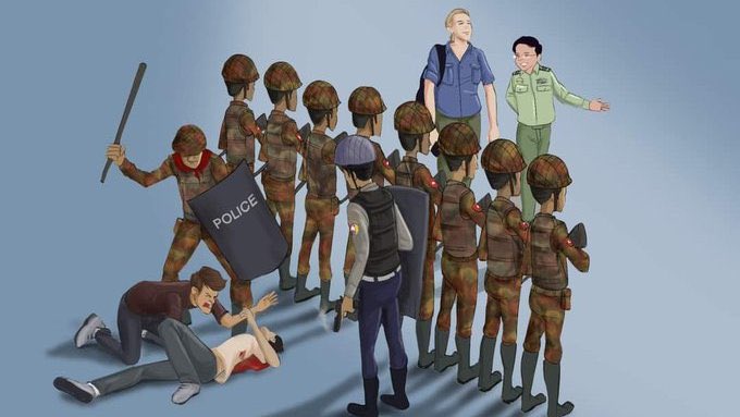 MoeTher16's tweet photo. The visit of CNN's @clarissaward to Myanmar has generated all sorts of cartoons - often portraying the hope that she will not be hoodwinked by the military. #WhatsHappeningInMyanmar https://t.co/fV4QW17J24