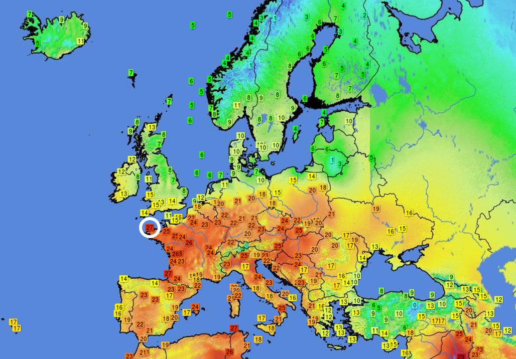 #Météo #Bretagne #Brest 🌡️🔴‼️ A 16h00, Brest figure en tête des villes les plus chaudes d'Europe avec 27,1°C. La métropole finistérienne devance toutes les villes européennes qui bordent la Méditerranée (îles comprises)
🔎 <a href="/infoclimat/">Asso Infoclimat</a>
