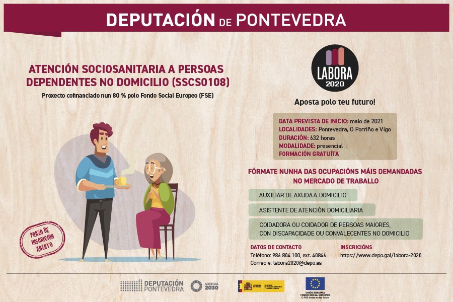 carmelasilva's tweet photo. Por si vos interesa!!!
#Labora2020 organiza novas accións formativas gratuítas
➡ Atención sociosanitaria a dependentes en domicilio
📍 @Pontevedrate, @PorrinoConcello e Vigo
🗓 A partir de maio https://t.co/g60zl1vo4r
