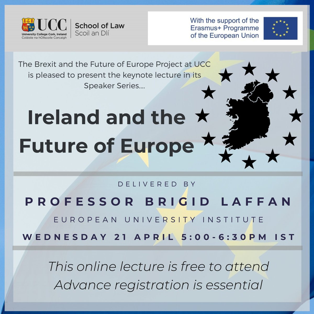 We're delighted to host the keynote lecture in the <a href="/UCC/">UCC Ireland</a> Brexit and the Future of Europe speaker series on Wednesday 21 April.

Professor Brigid Laffan (<a href="/BrigidLaffan/">Brigid Laffan</a>) of <a href="/EUI_EU/">European University Institute</a> will speak on the topic "Ireland and the Future of Europe" 🇮🇪🇪🇺

Register now! eventbrite.ie/e/ireland-and-…