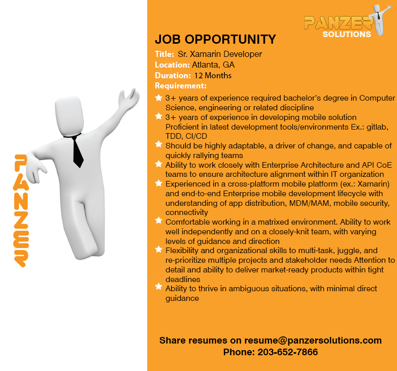 panzersolution's tweet image. Job Title: Sr. Xamarin Developer
Location: Atlanta, Georgia
Share resumes on resume@panzersolutions.com
Or for more info click on the below link
panzersolutions.com/view_job_oppor…
#PanzerSolutions #XamarinDeveloper #panzerjobs #jobseekers #Latestjobs #Jobs #JobSeeker #job #developer