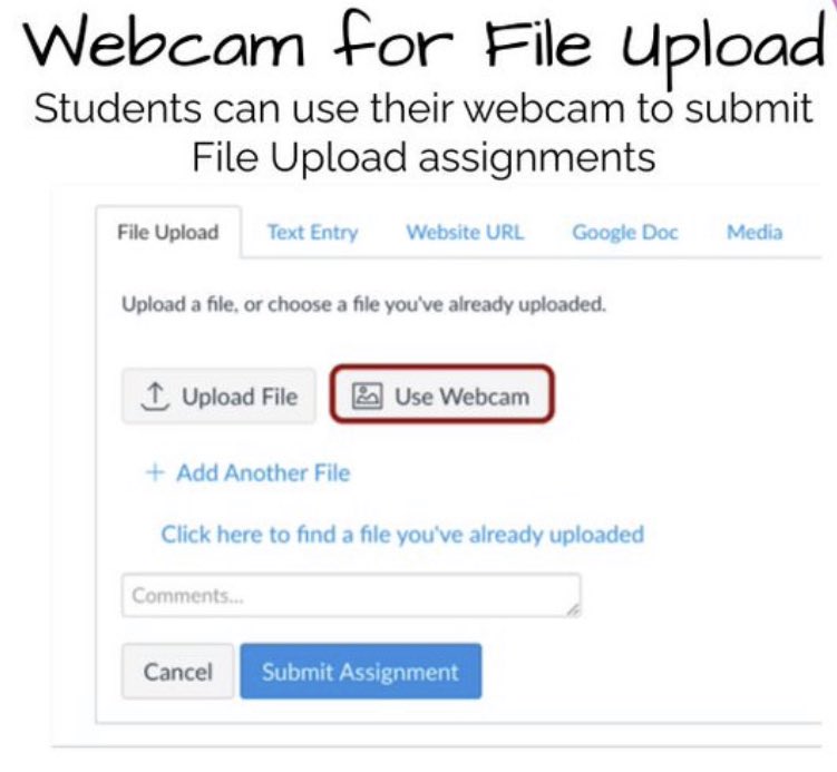 WacoISDBL's tweet photo. Your webcams will be getting even more of a workout! Within @CanvasLMS students can now submit assignments using the webcam- thanks @cmwatson2010 for sharing! https://t.co/c8uto2jcTj
