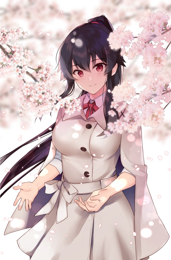 yahagi (kancolle) 1girl solo long hair black hair cherry blossoms ponytail red eyes  illustration images