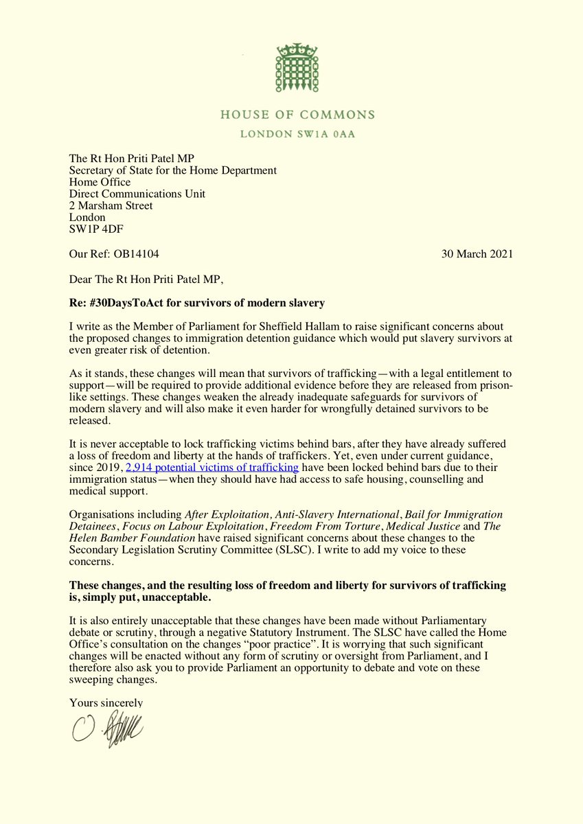 Proposed Home Office changes to immigration detention guidance will make it harder for wrongfully detained survivors of trafficking to be released. 

It is never acceptable to lock up trafficking victims. 

I've written to <a href="/PritiPatel/">Priti Patel MP</a> to raise serious concerns. #30DaysToAct