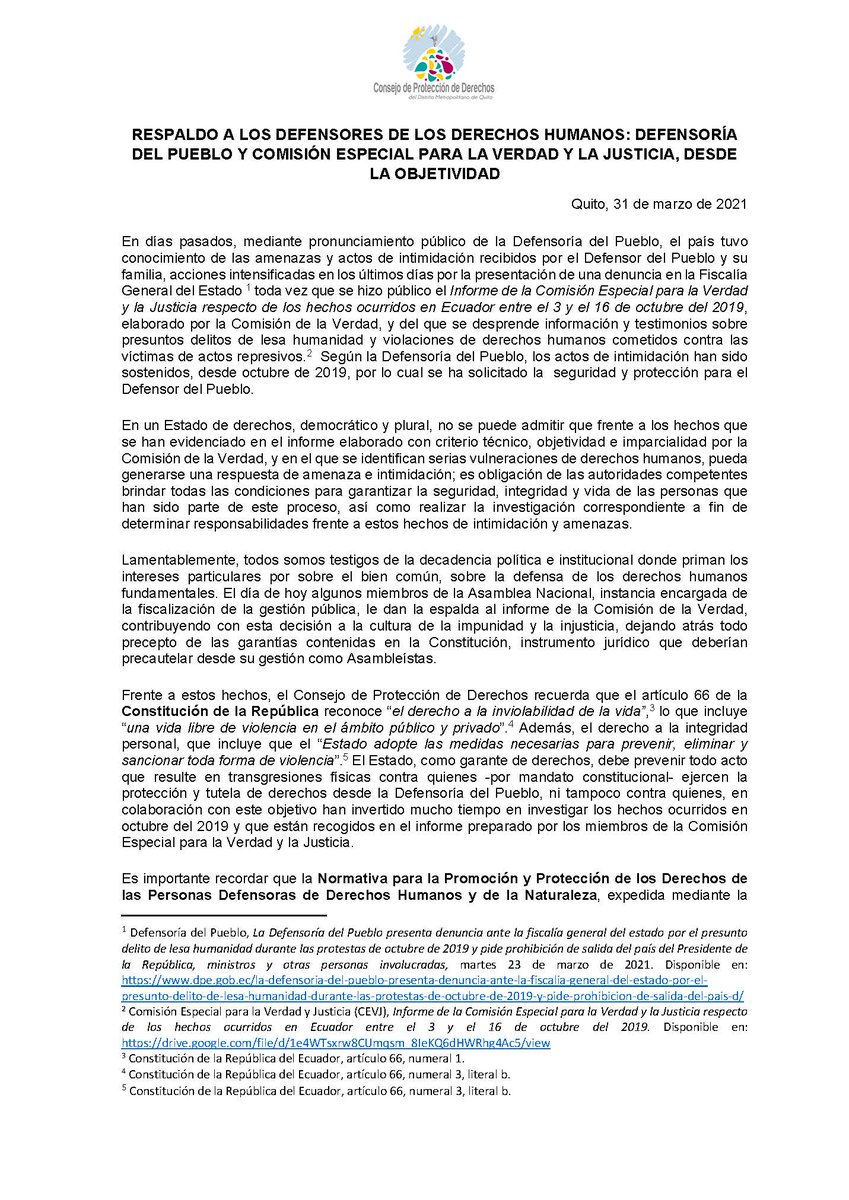 DerechosQuito's tweet photo. |🔴PRONUNCIAMIENTO PÚBLICO| Ante las amenazas y actos de intimidación a los defensores de derechos humanos, en relación al informe de la verdad y justicia, @DerechosQuito se pronuncia. Más Información aquí👉: https://t.co/PrnCuDmajb https://t.co/aMUDIeNtcS