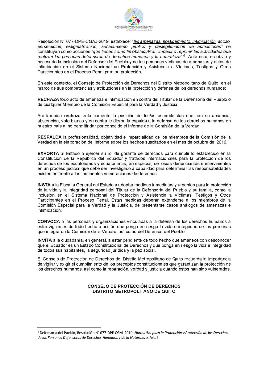 DerechosQuito's tweet photo. |🔴PRONUNCIAMIENTO PÚBLICO| Ante las amenazas y actos de intimidación a los defensores de derechos humanos, en relación al informe de la verdad y justicia, @DerechosQuito se pronuncia. Más Información aquí👉: https://t.co/PrnCuDmajb https://t.co/aMUDIeNtcS