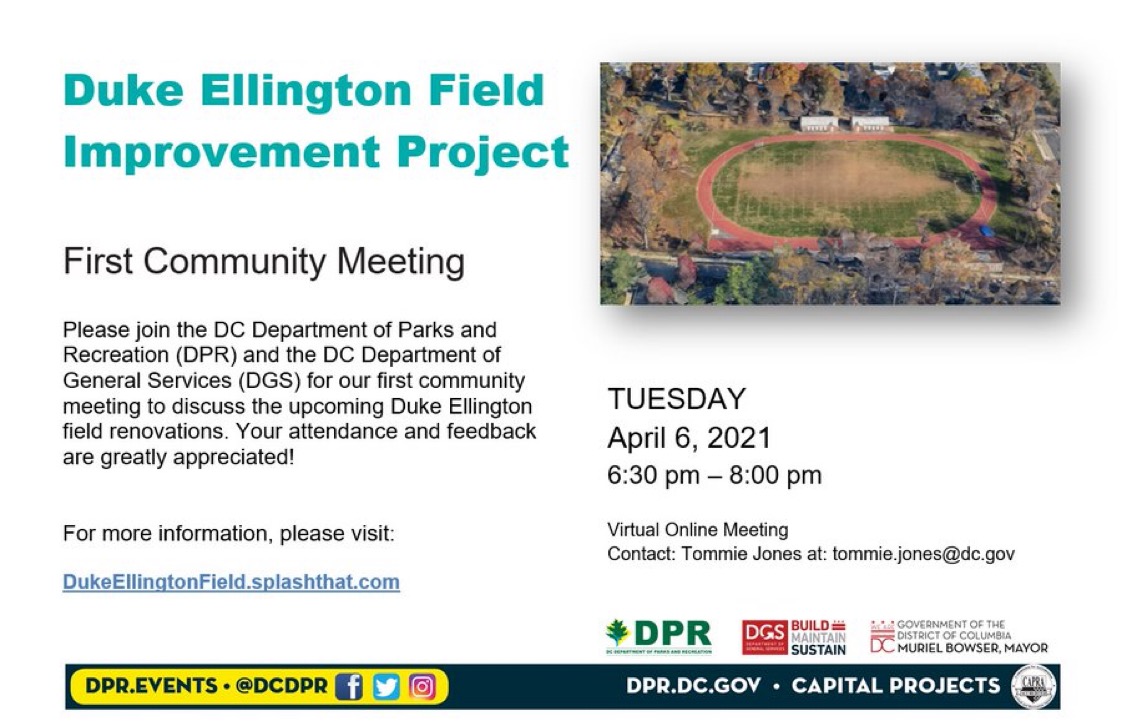 W2EdCouncil's tweet photo. @DCDPR is hosting an online community meeting April 6 to discuss the @DukeEllingtonDC High School athletic field. Sign up at https://t.co/7PSnkP8xS3 #ward2 #Ellingtonarts #artsed #DCDPR #DC https://t.co/n7Sbmr78dU