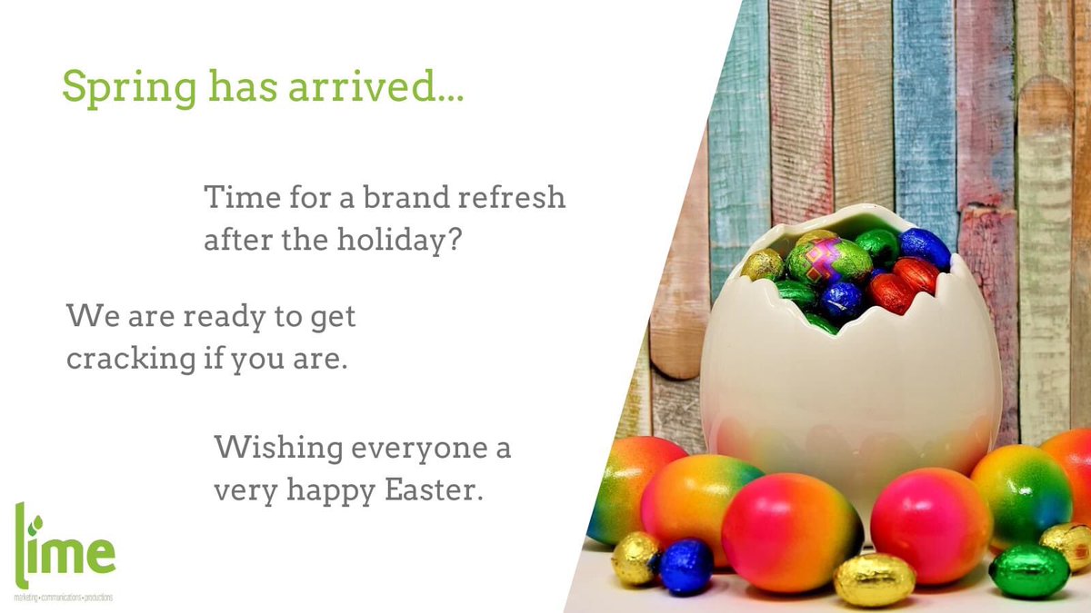 limemcp's tweet photo. The Lime office will be closed on Good Friday and Easter Monday. We will reopen on Tuesday 6th April, when we will be ready to get cracking discussing all your branding needs.

#Easter2021 #EasterWeekend 
#brandingagency #branding https://t.co/V9AxECNYmG