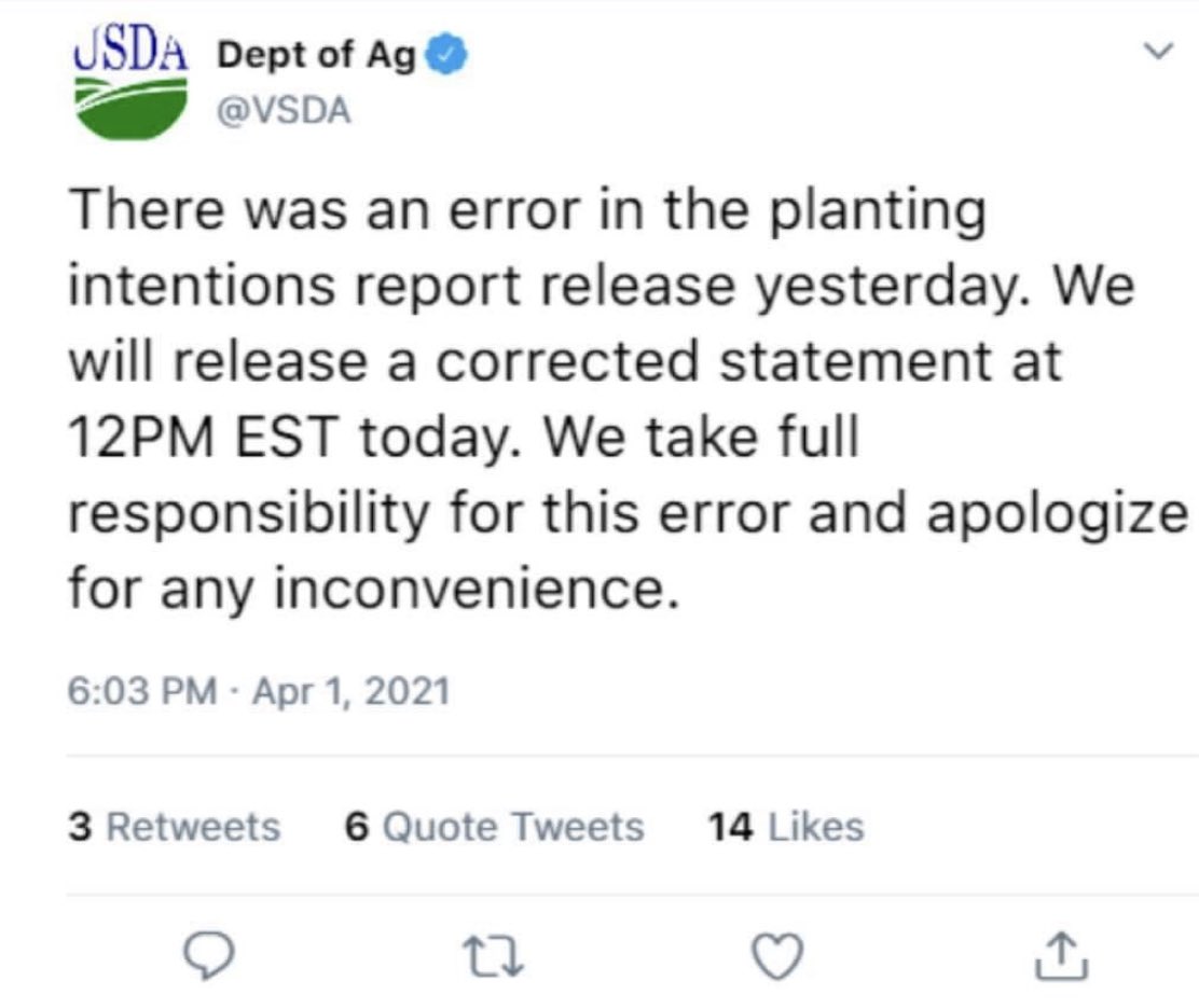 RussianGrainTra's tweet photo. USDA report had error in planting intentions yesterday &amp; apologise / take full responsibility for any inconvenience 🌽 🚀 
Corrected report to be issued at 12PM EST 
🤡 @usda_nass @USDA https://t.co/lq0OhzkIlz