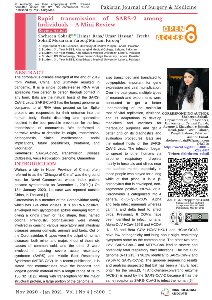 #Review_Article Vol 1 No 4 Pak J Surg Med | Rapid transmission of SARS-2 among Individuals – A Mini Review | Sohail S et al
pjsm.com.pk/2021/03/10/rap…
#PakAcademic
@shehreen_sohail