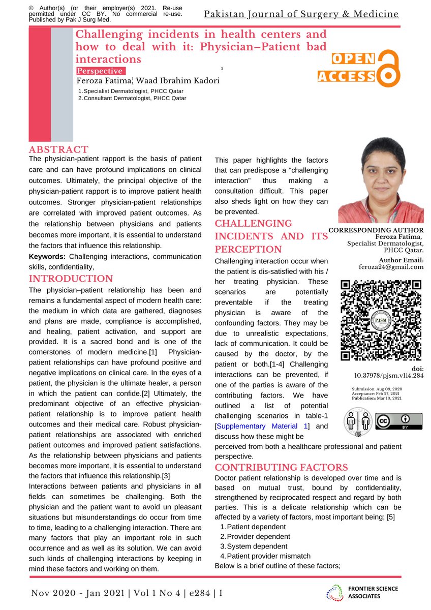 #Perspective Vol 1 No 4 Pak J Surg Med | Challenging incidents in health centers and how to deal with it: Physician–Patient bad interactions | Fatima F et al
pjsm.com.pk/2021/03/10/cha…
#PakAcademic