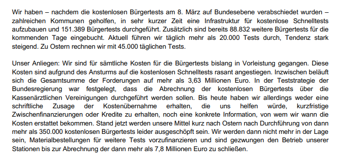 JuliusBetschka's tweet photo. Das deutsche Schnelltest-System steht vor dem Zusammenbruch: Eine der größten Firmen mit 1100 Mitarbeitern und mehr als 60 Stationen bundesweit schlägt Alarm. Das Geld vom Bund für die kostenlosen Bürgertests wird frühestens im Mai erwartet. Offener Brief an @jensspahn https://t.co/AMTdA9nsao