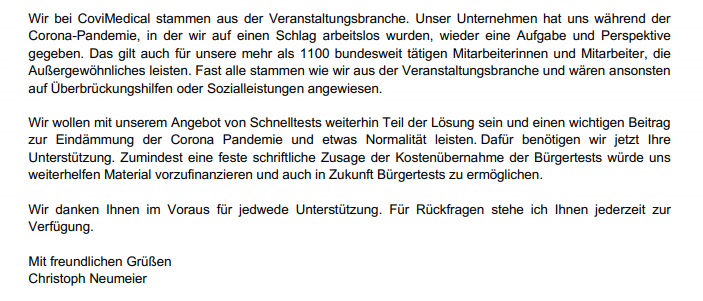 JuliusBetschka's tweet photo. Das deutsche Schnelltest-System steht vor dem Zusammenbruch: Eine der größten Firmen mit 1100 Mitarbeitern und mehr als 60 Stationen bundesweit schlägt Alarm. Das Geld vom Bund für die kostenlosen Bürgertests wird frühestens im Mai erwartet. Offener Brief an @jensspahn https://t.co/AMTdA9nsao