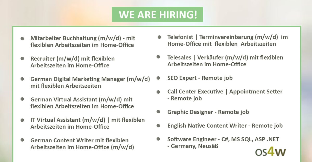 O4W_Germany's tweet photo. We are #Hiring!🔎
If you think you are a good fit Then apply now we are looking forward to your job application.
👉https://t.co/skQrPodX1f
#Recruiter #DigitalMarketingManager #VirtualAssistant #virtualassistant #ContentWriter
#Telefonist #Terminvereinbarung #Telesales #Verkäufer https://t.co/ubgW4LBH4E