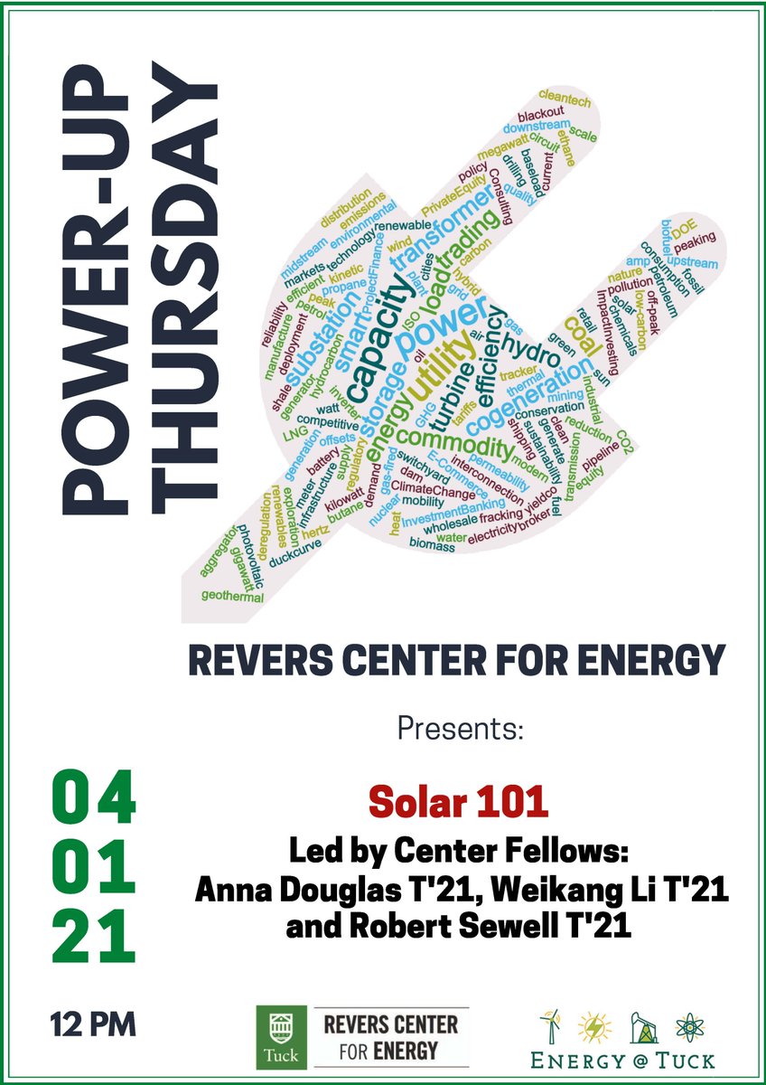 EnergyAtTuck's tweet photo. We're looking forward to hosting Power-Up Thursday: Solar 101 today!
T'21 students will provide an overview of the full solar value chain—from PV technology to construction and installation. CEO and founder of solar start-up VesprSolar will share his entrepreneurship experience! https://t.co/g77L59UzXa