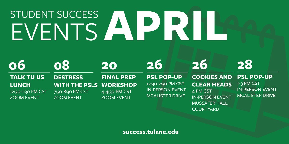 SuccessTulane's tweet photo. Mark your calendars for our last month of programming for spring 2021🗓

Our team's goal is to help you destress, stay motivated, and prepare for final exams! https://t.co/EpEKt5PMdq
