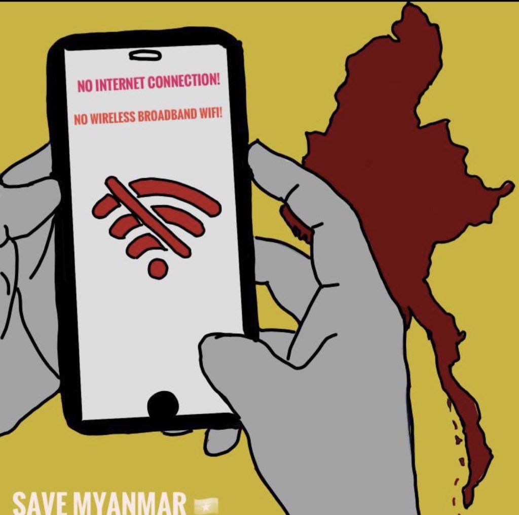 Military junta(SAC) ordered to shut down all wireless broadband services starting from tonight until further notice, planning to suppress media and kill unarmed civilians silently. RESTORE INTERNET CONNECTION! 
#InternetShutDown 
#Apr1Coup 
#WhatsHappeningInMyanmar