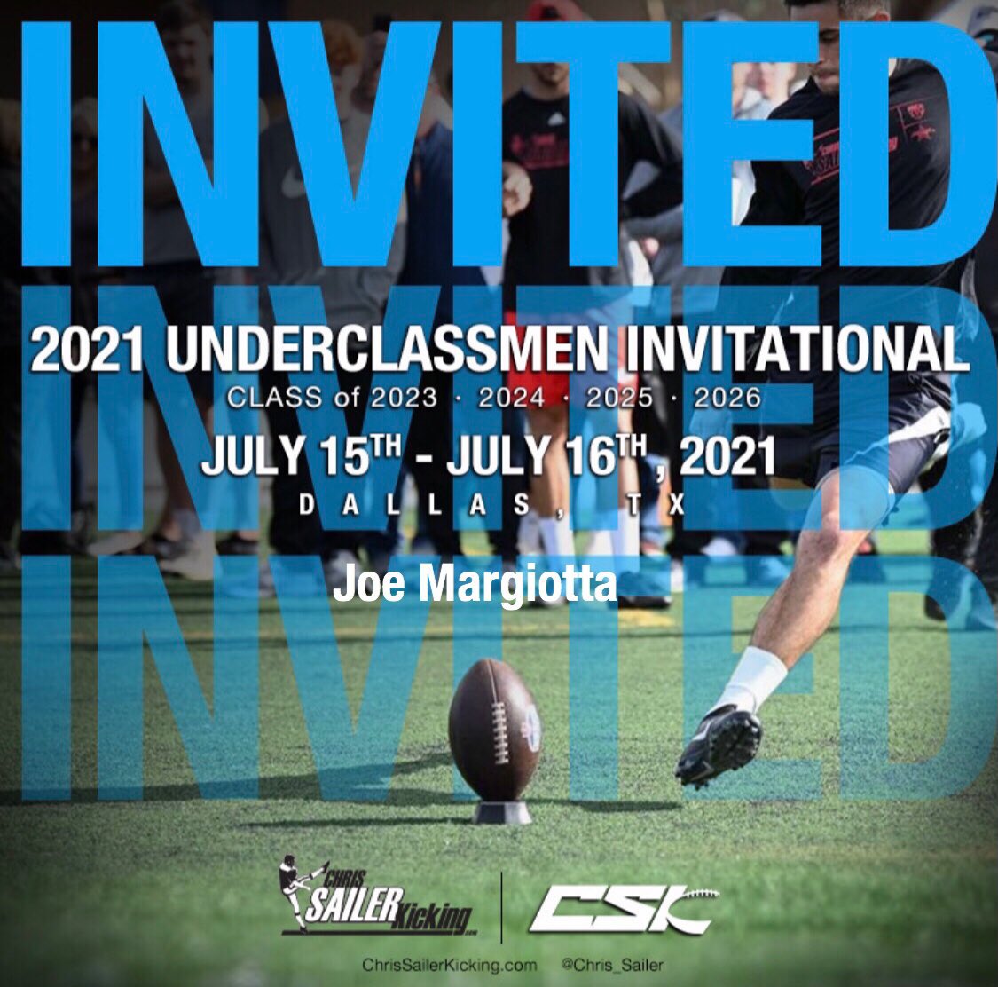 JoeMargiotta25's tweet photo. Excited to be invited! #oneoneonetrained @OneOnOneTX @coachBrian_Egan @_Mike_McCabe @Chris_Sailer @willgoggans47 @OneOnOneKicking https://t.co/RYPG0FIFUo