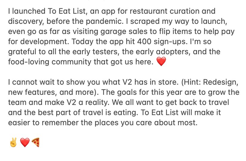 toeatlistapp's tweet photo. Thanks for getting us here. ❤️ https://t.co/lI7xc8YdB9